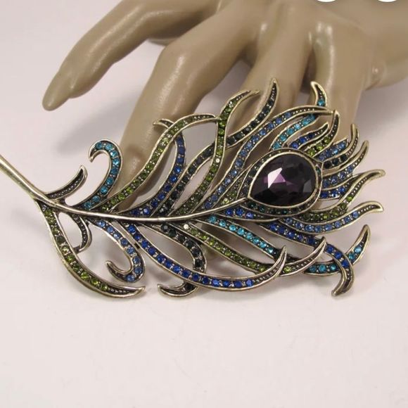 Heidi Daus Art Nouveau feather shaped brooch size 4.25”x2 3/8” antique brass - Picture 7 of 9